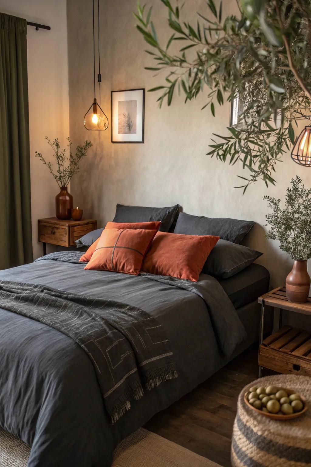 Earthy tones add warmth and coziness to dark grey bedding.