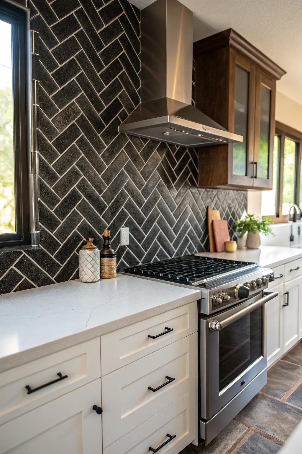 An inviting kitchen showcases a shadowy tile backsplash aligned in a diagonal style for added charm.