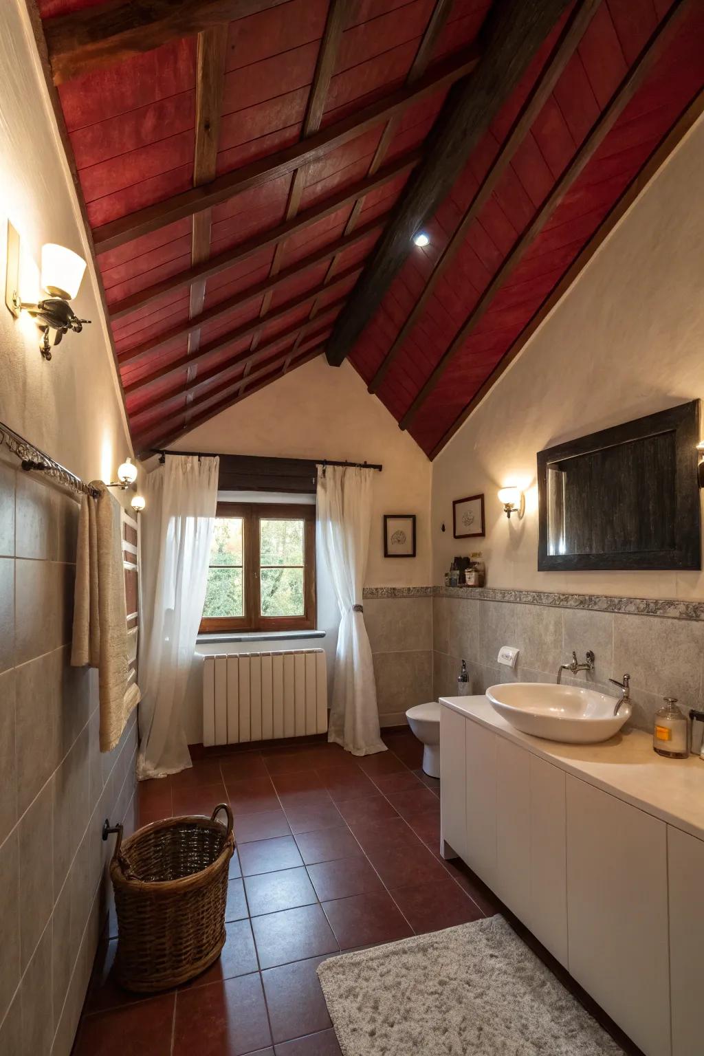 A crimson vault imparts a surprising and snug element to the bathroom.