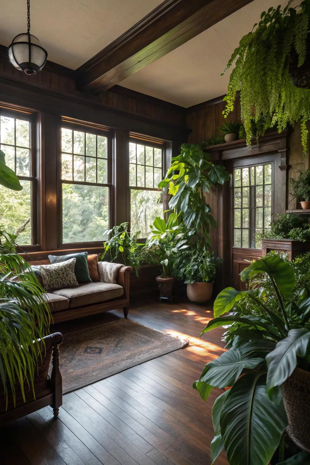 Natural components enhance the depth of <strong>dark wood floors</strong>.&rdquo; loading=&rdquo;lazy&rdquo; class=&rdquo;pimg&rdquo;>
	</picture><figcaption>Natural components enhance the depth of <strong>dark wood floors</strong>.</figcaption></figure>
<p>Incorporate natural components such as plants or wood details. These introduce a hint of the outdoors inside and enhance the deep tones of the flooring.</p>
<h3>You might give these a try:</h3>
<ul class=