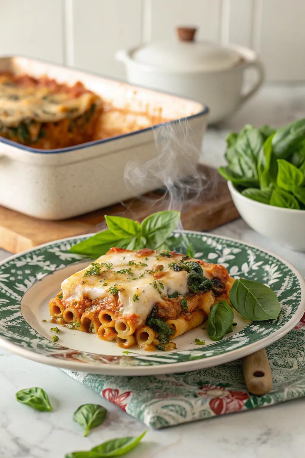Baked ziti with greens, a comforting and simple December meal.