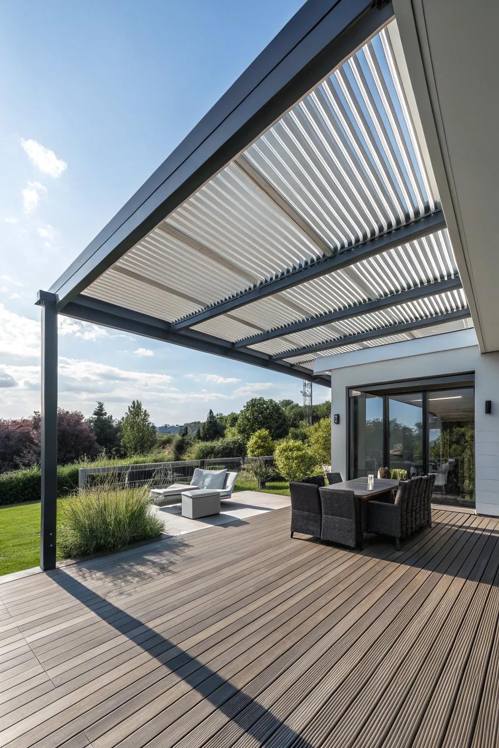 Slatted roofs provide adaptable shade for changing weather conditions.