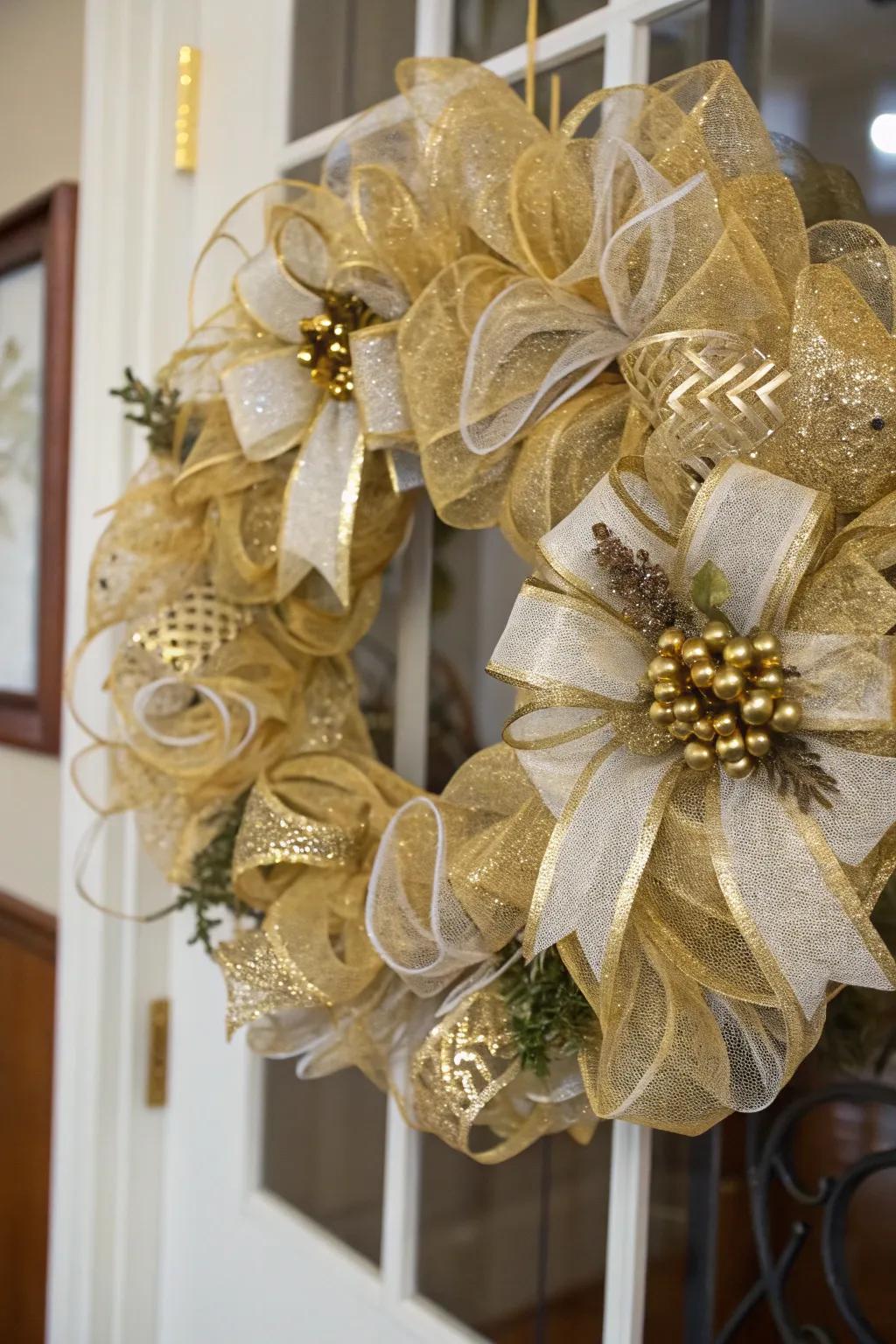 Golden accents elevate this wreath to a glamorous fall decoration.