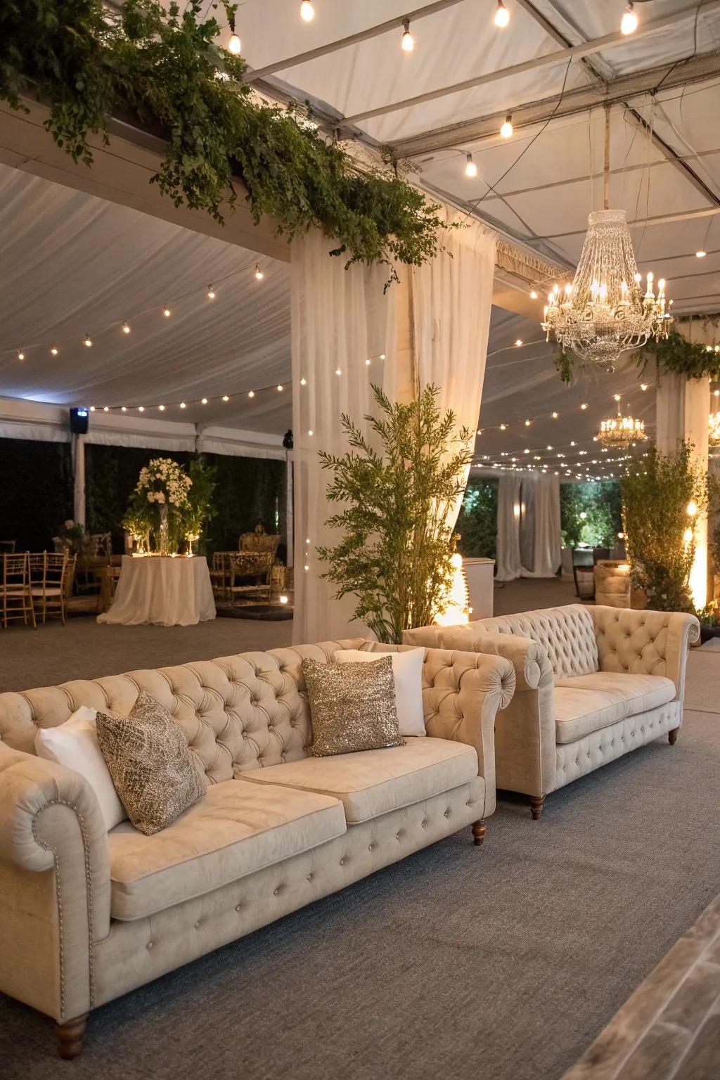 Stylish lounge spots offering cozy relaxation spots at a wedding.