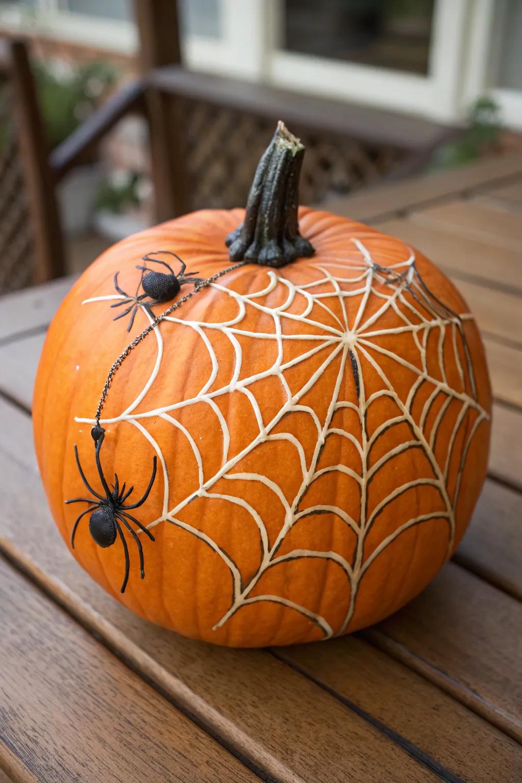 Embody the All Hallow’s Eve ethos through a spider's web adorned pumpkin.
