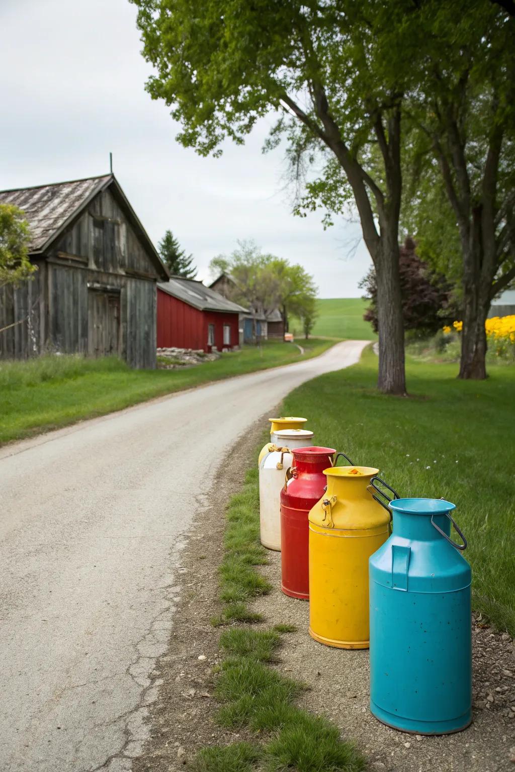 Retro dairy barrels provide a quirky and cheerful marker.