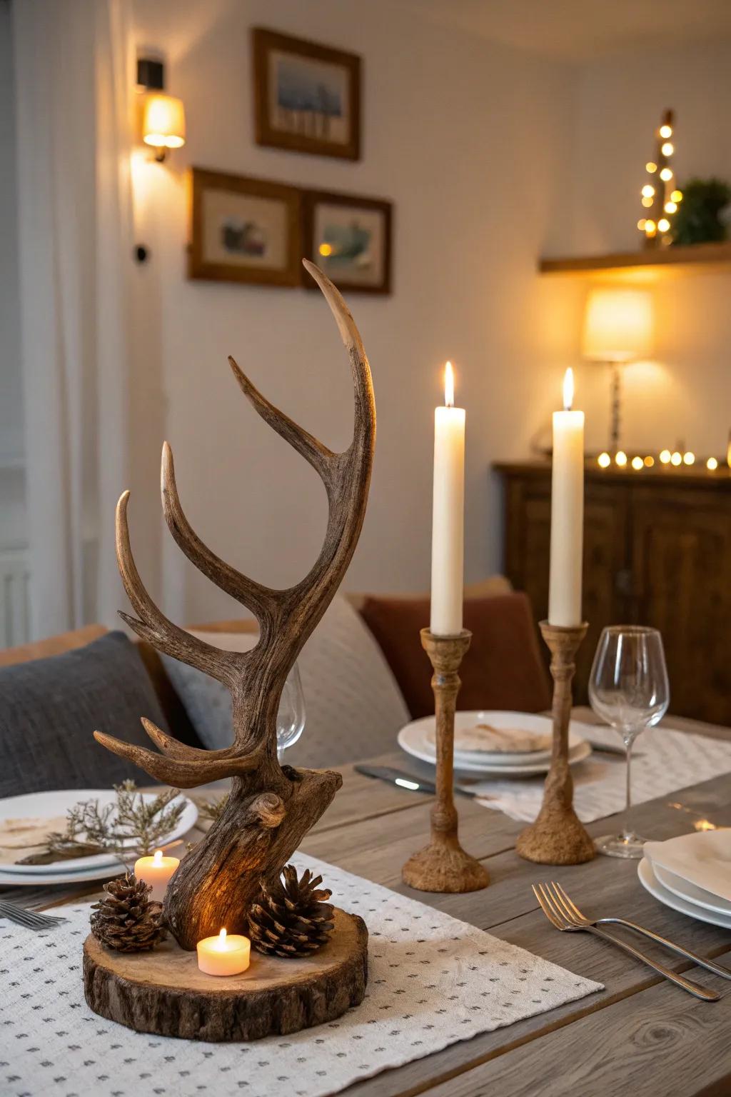 Antler light bases cast a warm, welcoming glow on a dining table, ideal for entertaining.