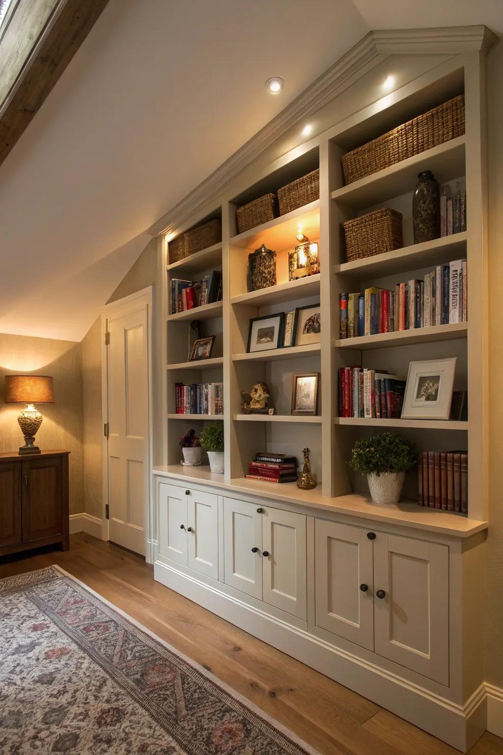 A den detailed with functional integrated shelf spaces and closets geared towards fashionable holding solutions.