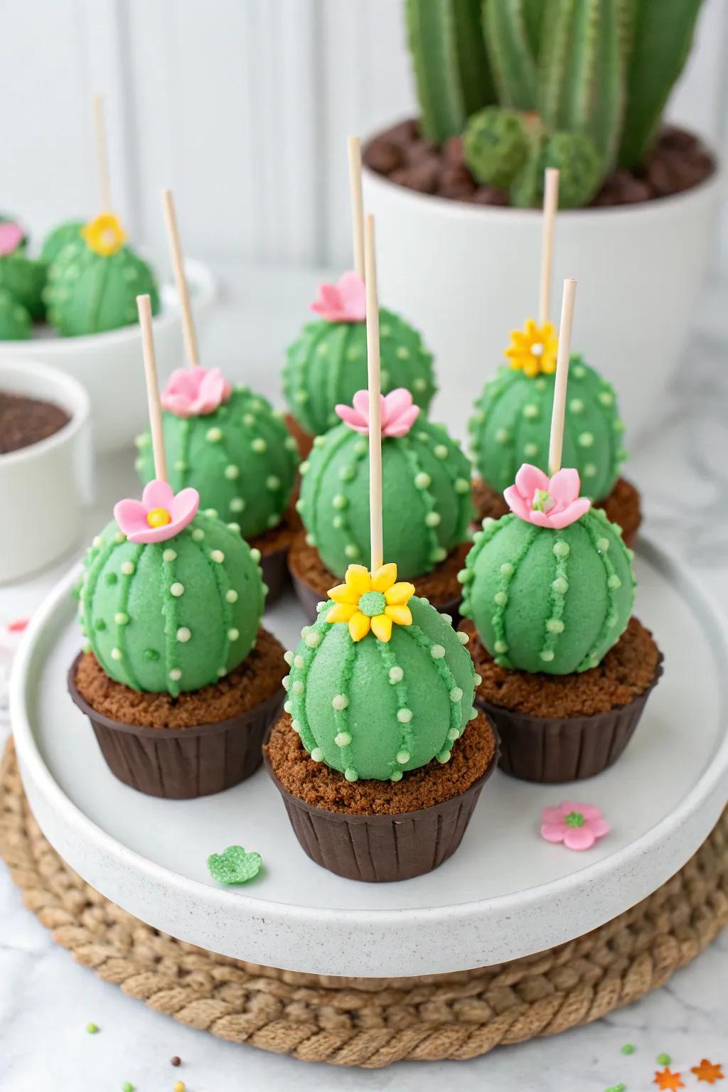 Prickly pear confection segments embellished with verdant buttercream and miniature fondant blossoms.