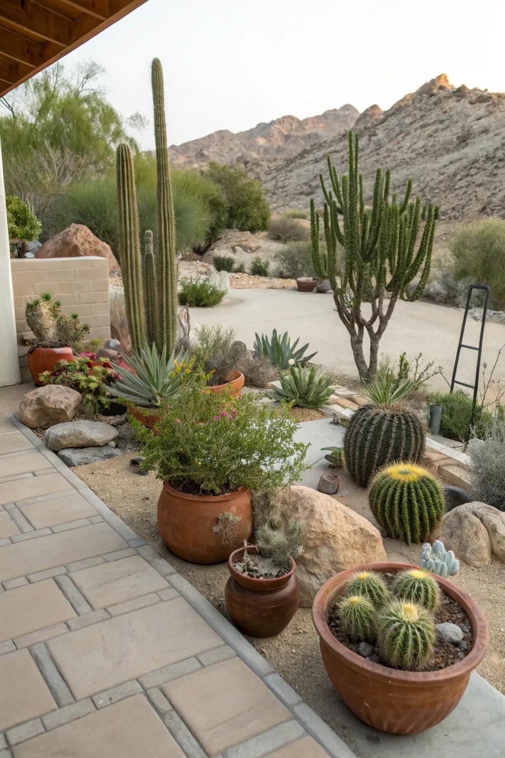 Potted plants provide flexibility and ease in desert landscaping.