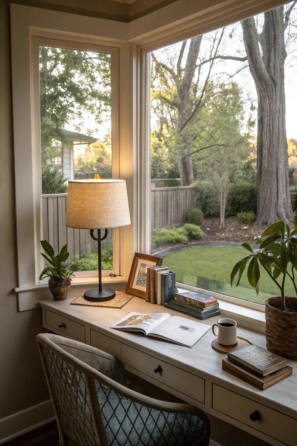 A window nook offers an inspiring workspace.