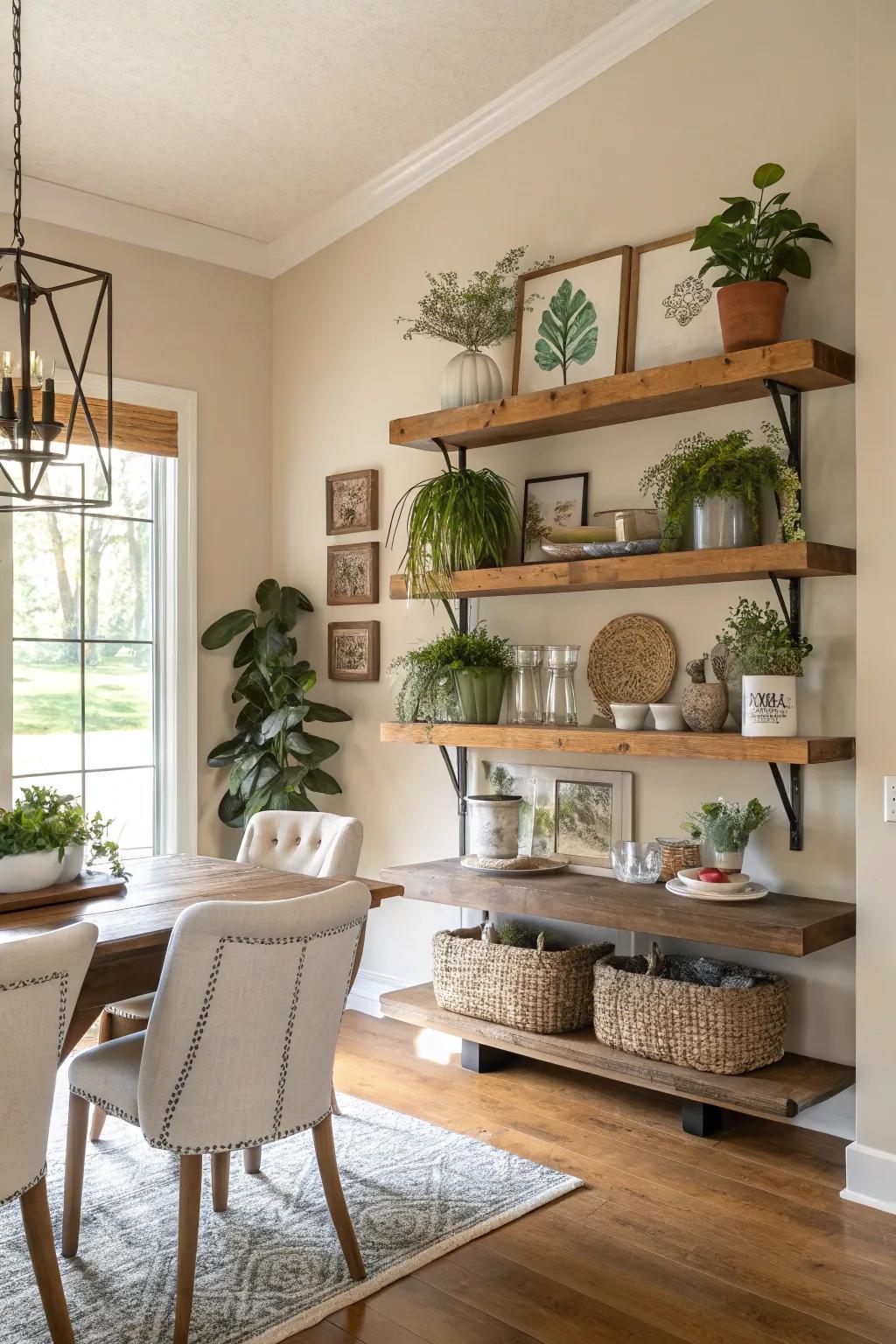 Floating shelves blend style and utility on accent walls.