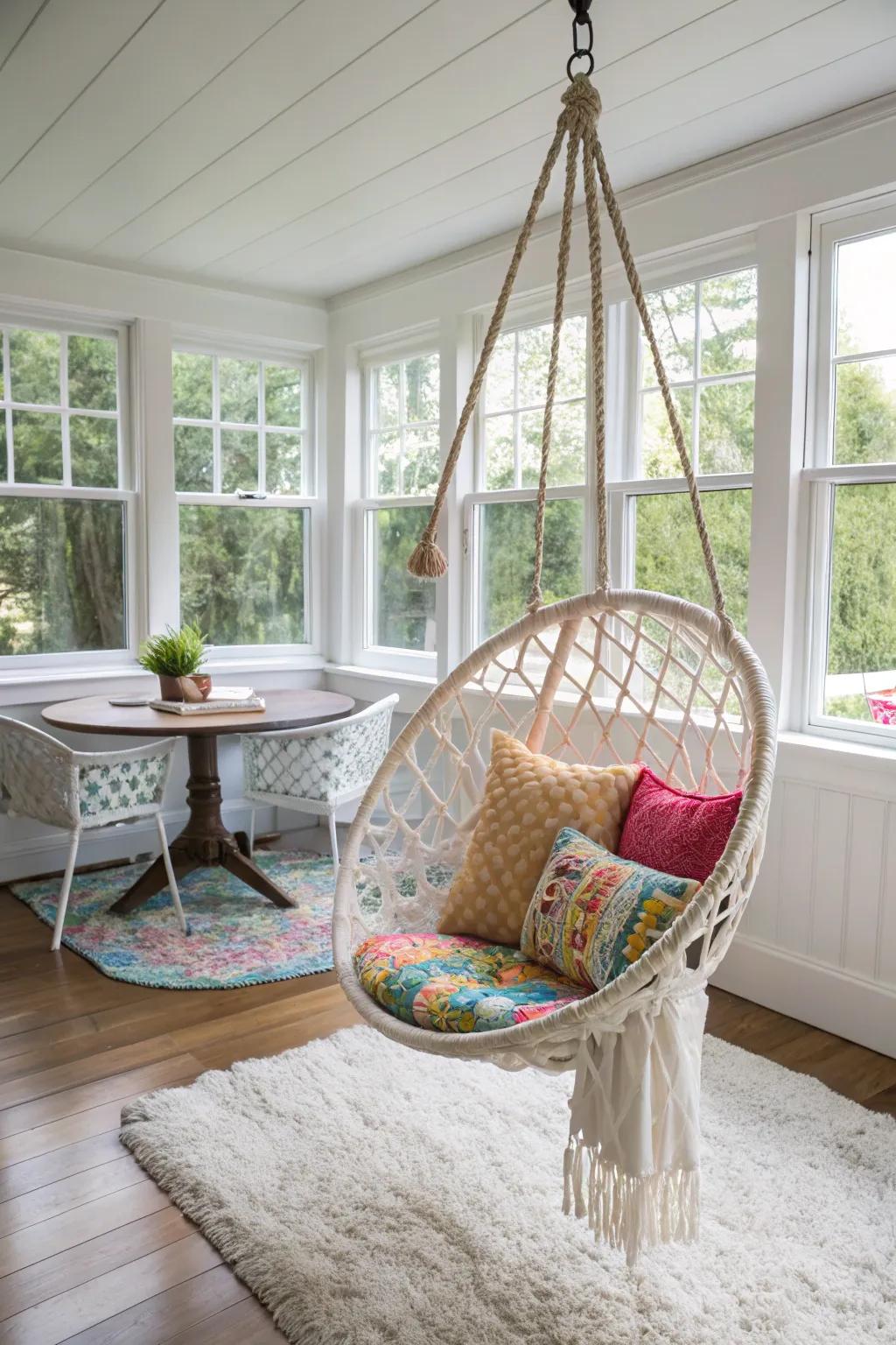 A swing chair adds a playful and relaxing element to the dining room.
