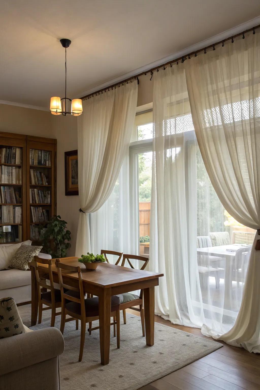 Layered window dressings adding dimension to the dining space.