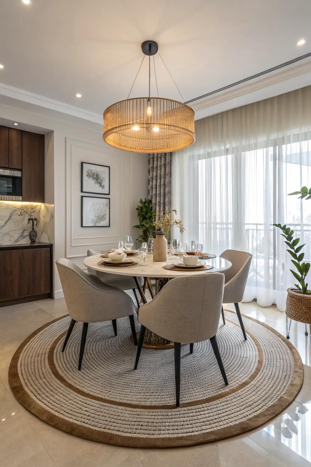 Inventive design using a circular floor covering in the dining space.