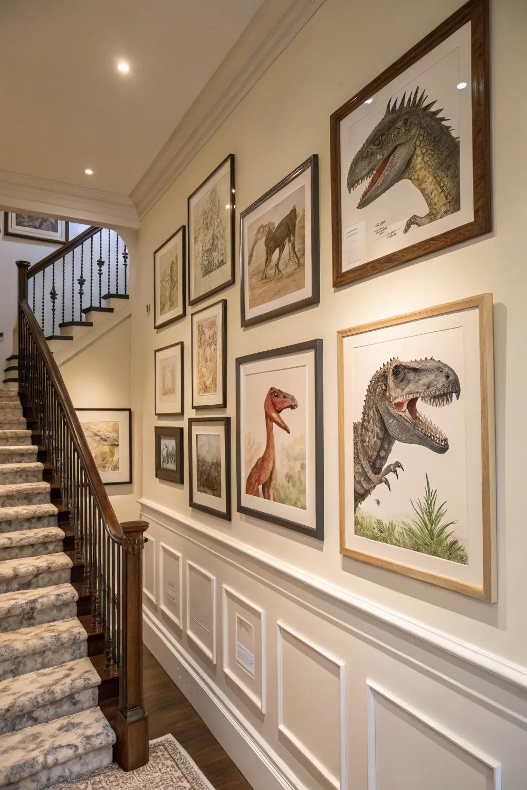 Museum-like exhibit enhanced with dinosaur portraits