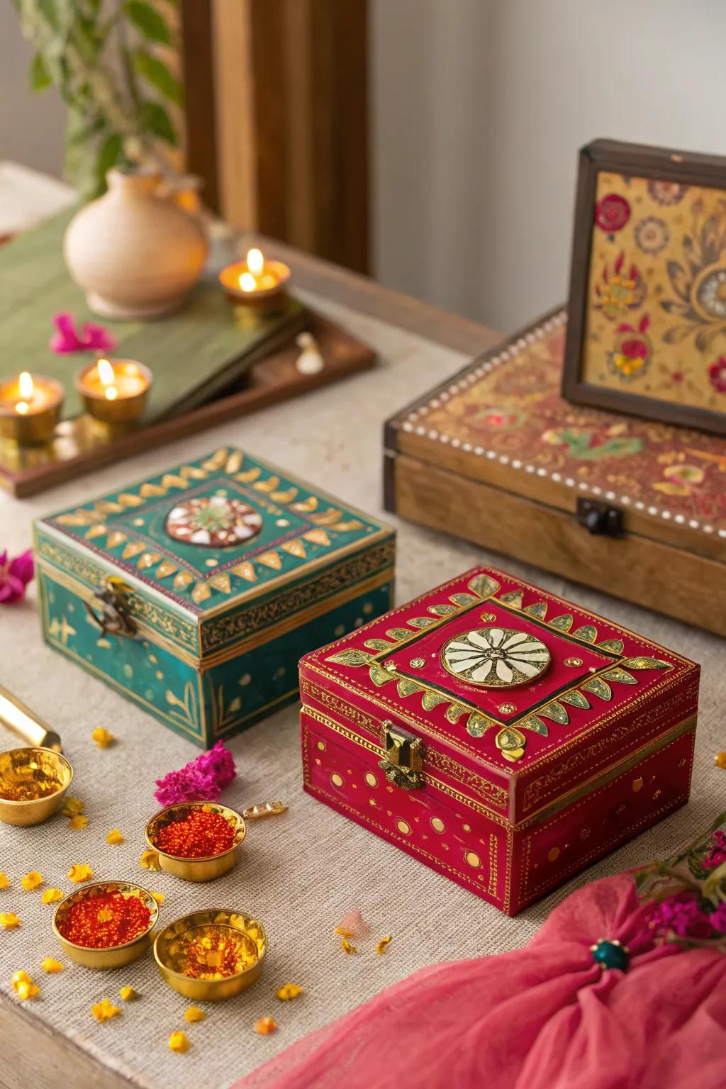 Detailed jewelry boxes serving as unique decor pieces on the Diwali table.