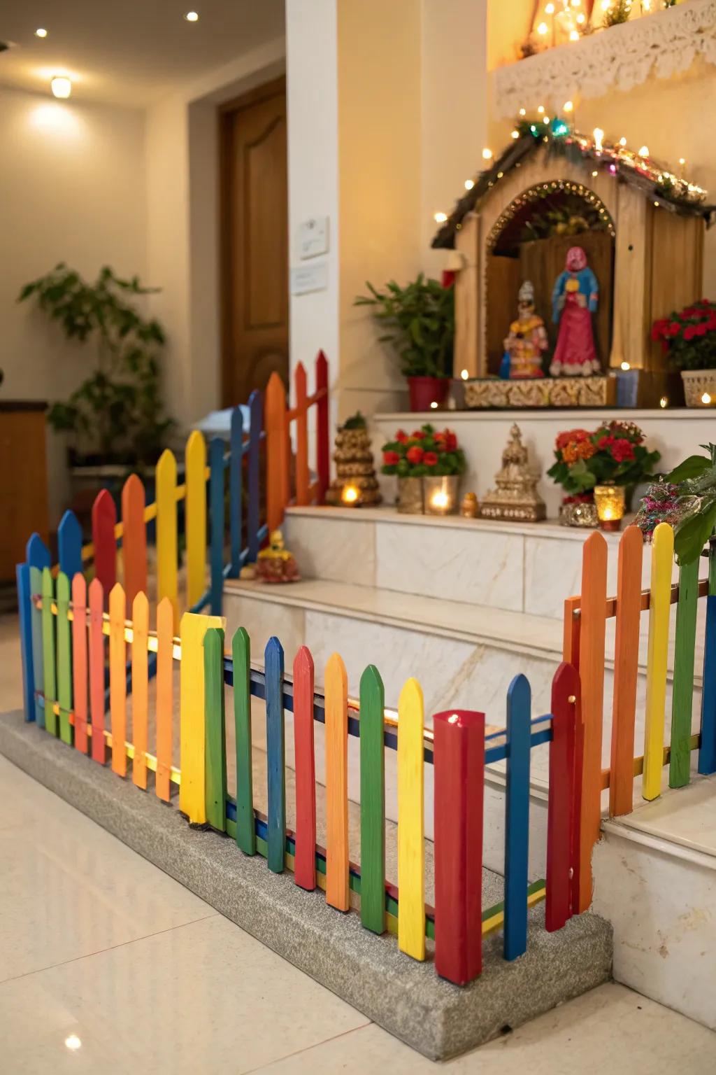 Confection rod enclosures inject formation and hue to the Golu layout.