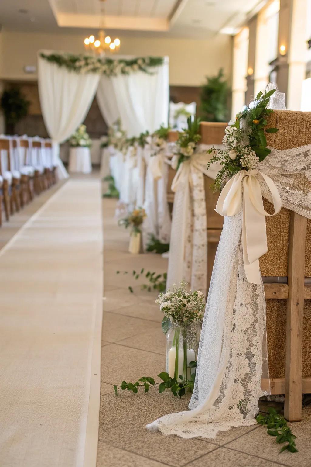 Hessian and lacework offer rustic elegance to your nuptial path.