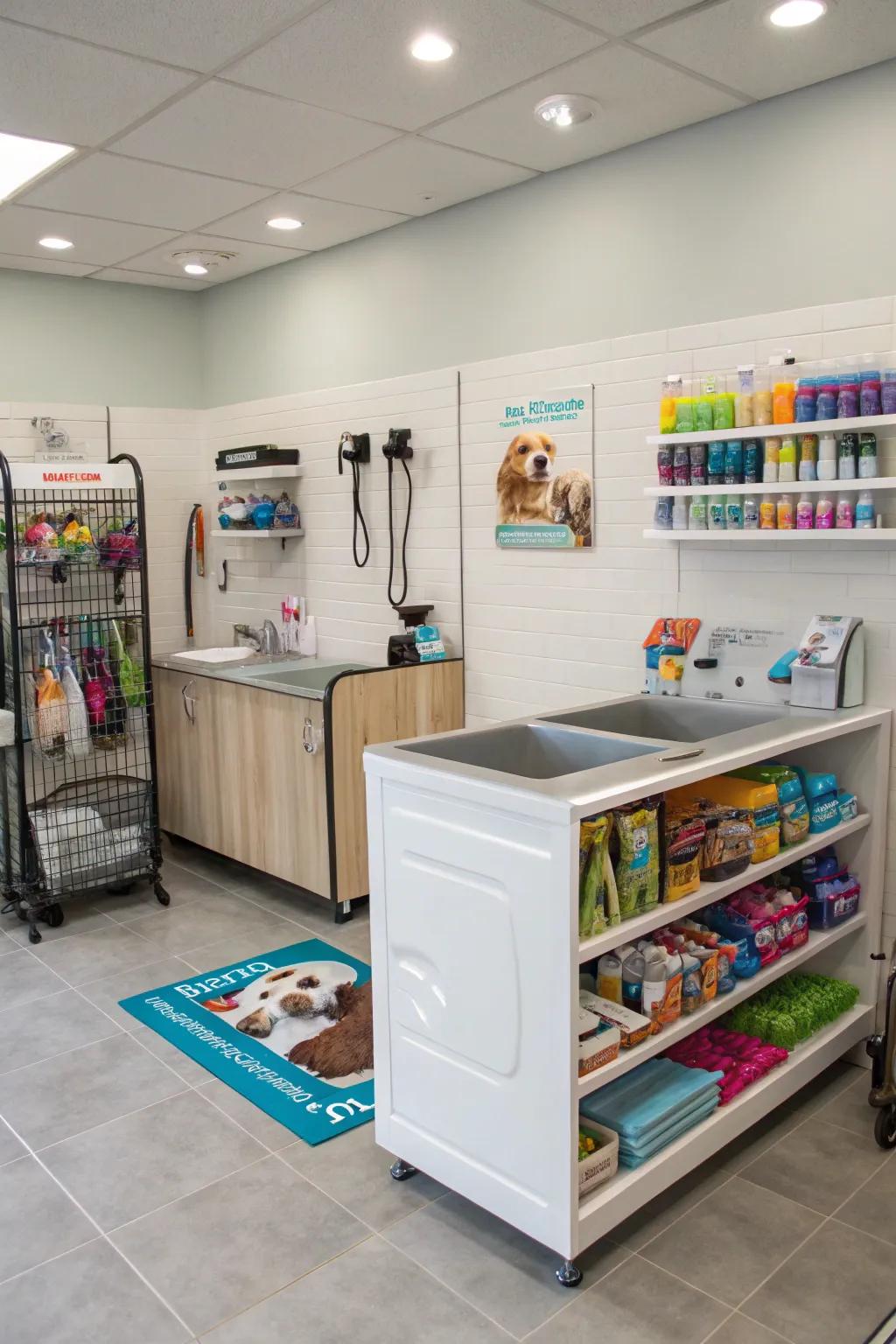 A functional retail corner showcasing appealing pet products.