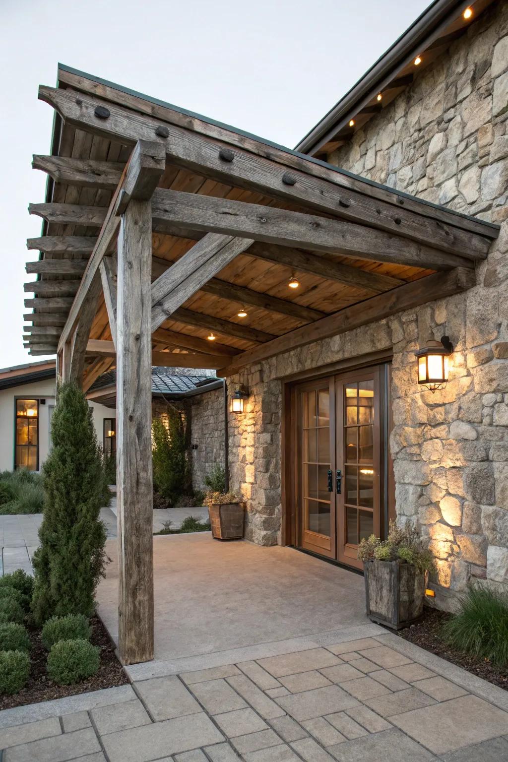 A timber plank shroud that elevates the natural charm of the entrance.