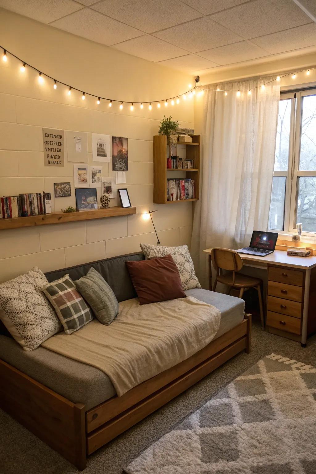 Adjustable sofa pieces allowing for customizable seating in this dorm room.