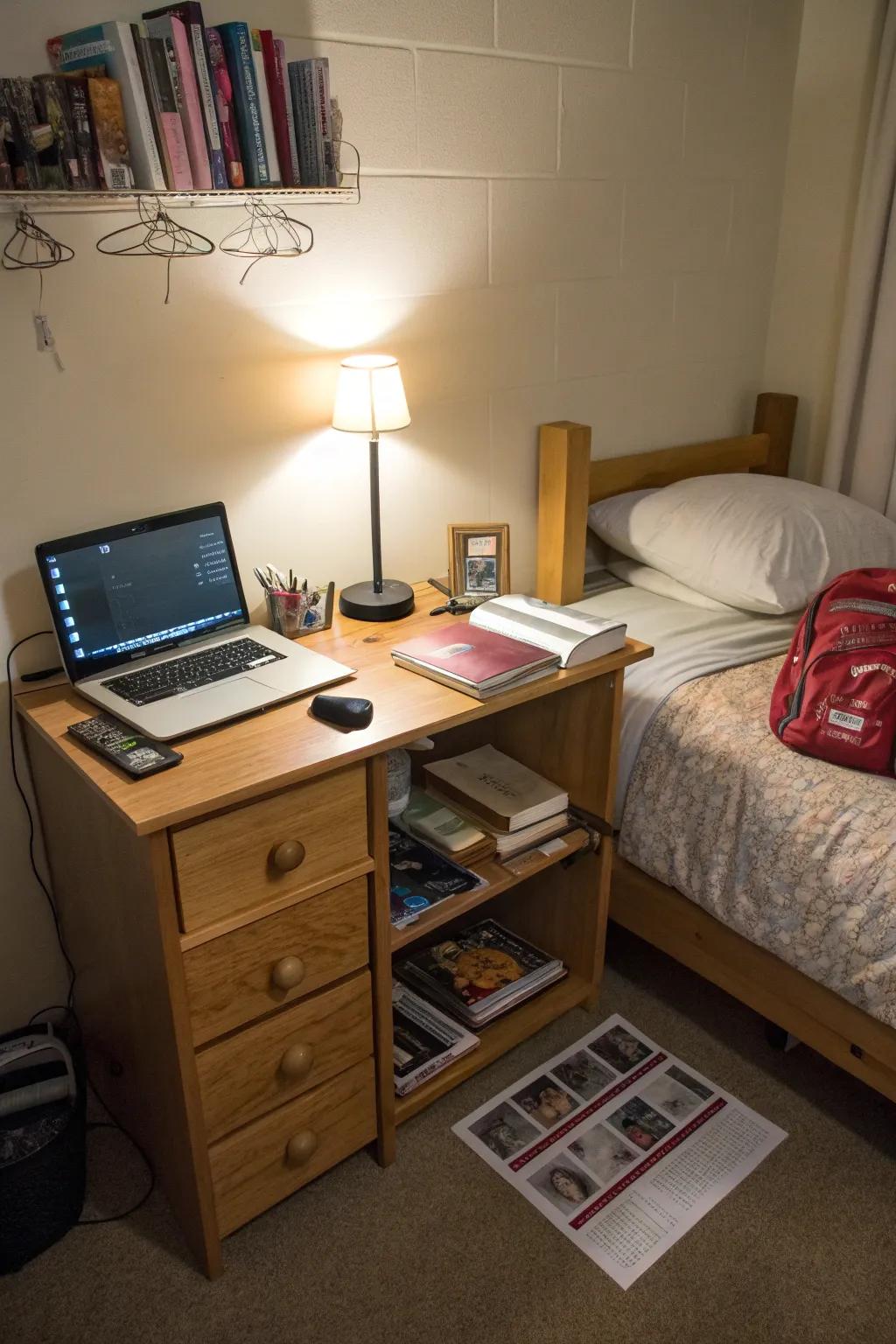 A small desk can be a bedside table, giving you workspace and storage.