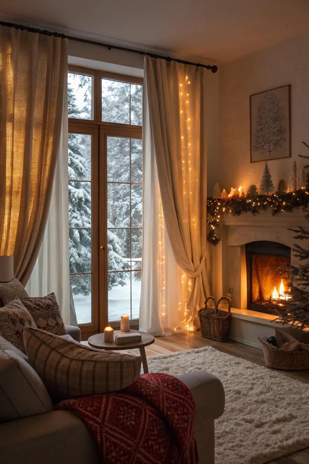 Seasonal curtain changes create a cozy winter atmosphere in this living room.