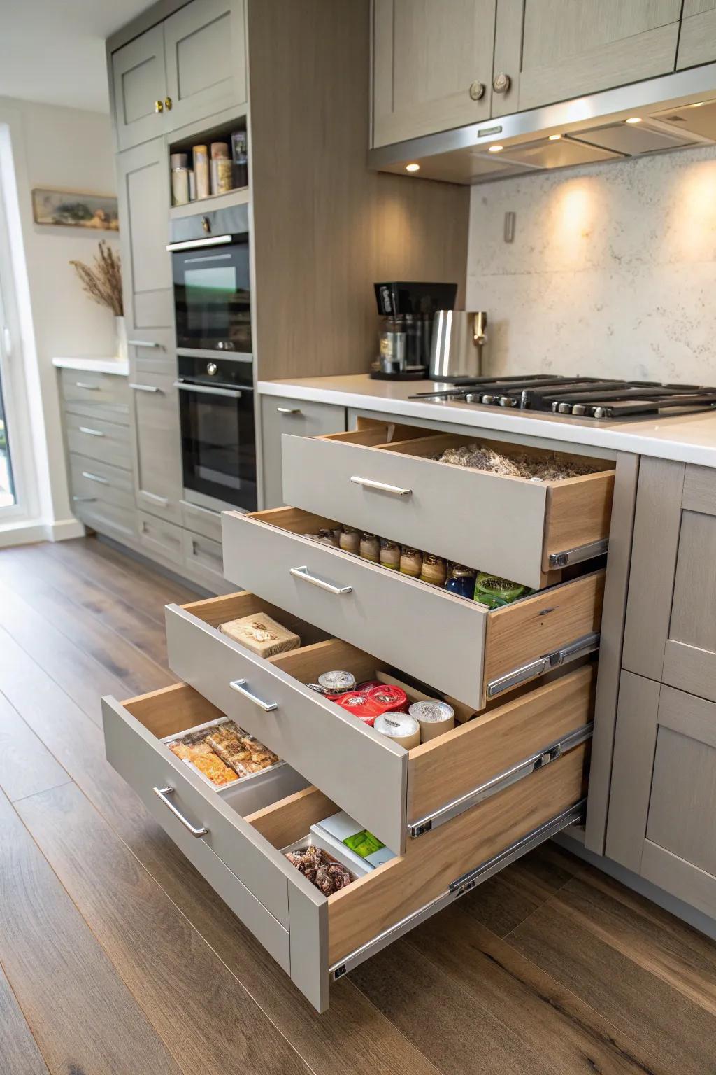 Hidden pantry drawers maximize storage with flair