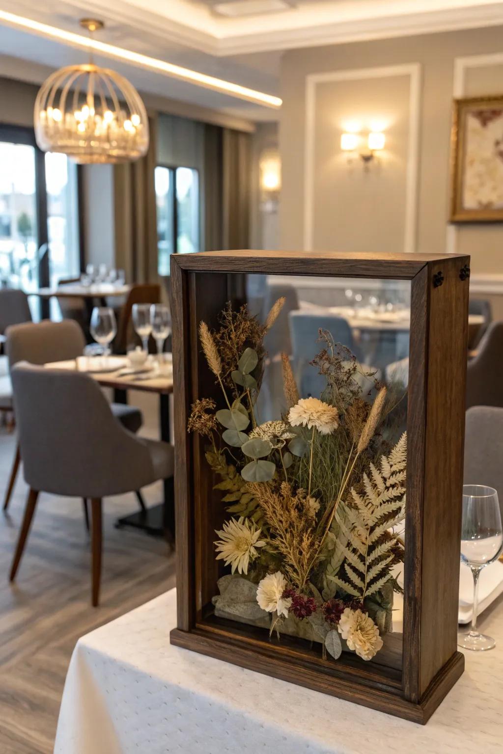 Add dimension to your decor with a layered preserved flower display.