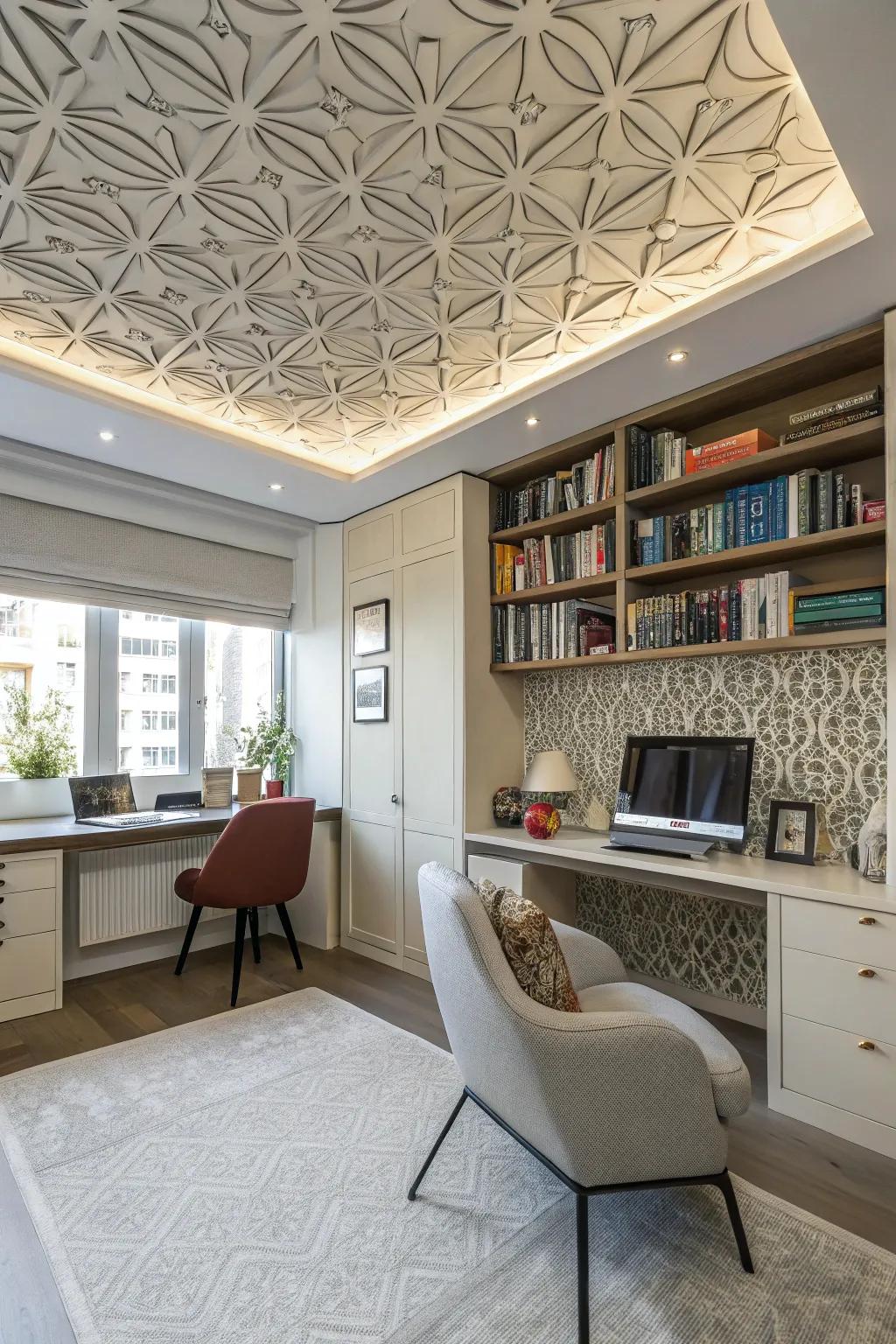 Capture contemporary style utilizing ceiling squares with geometric designs.