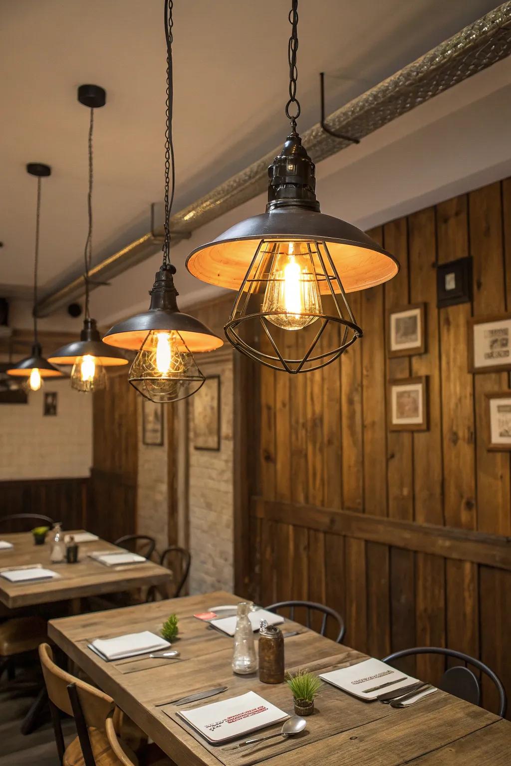 Vintage industrial pendants add timeless charm to this dining room.