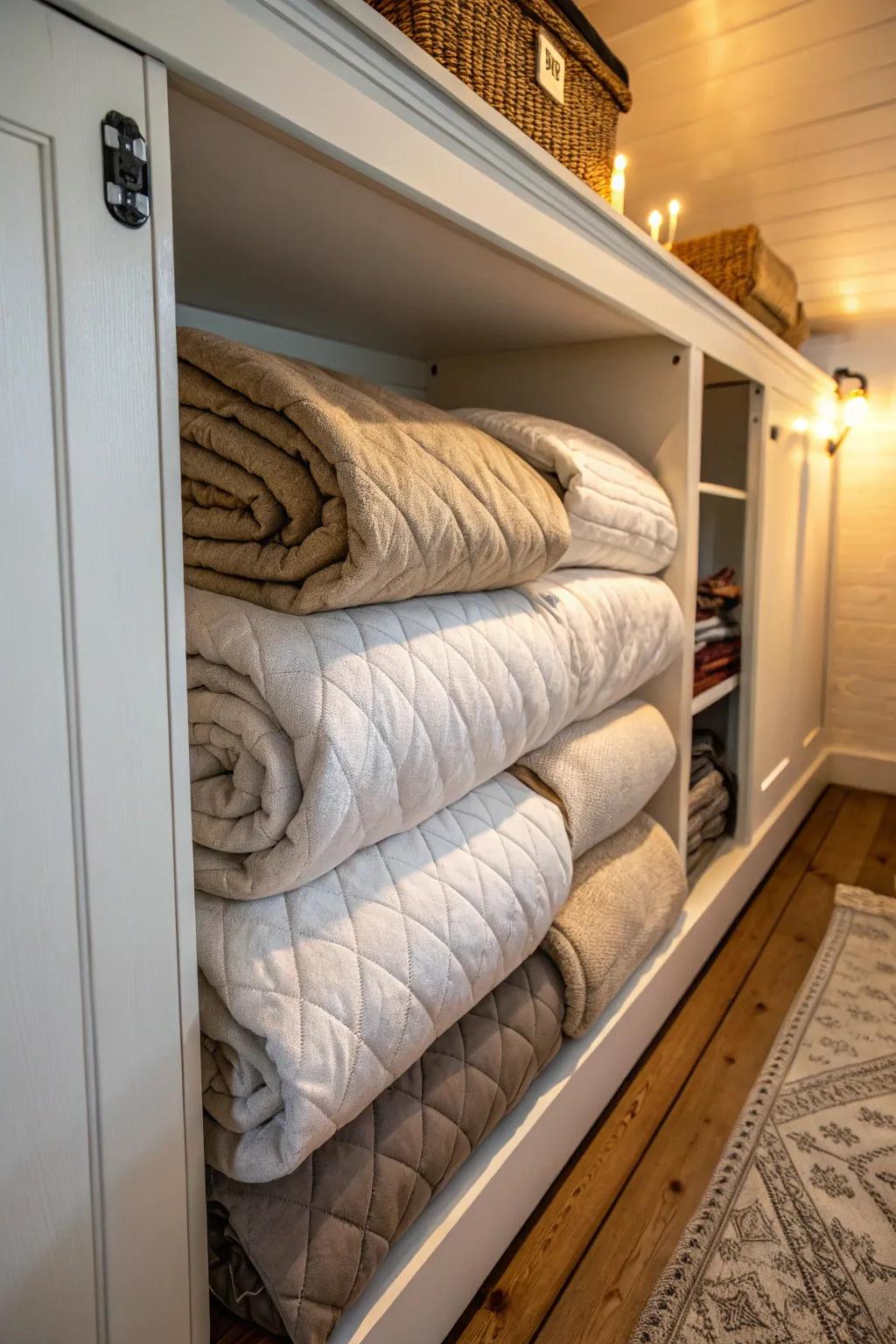 A hidden nook offers a brilliant and discreet storage strategy for comforters.