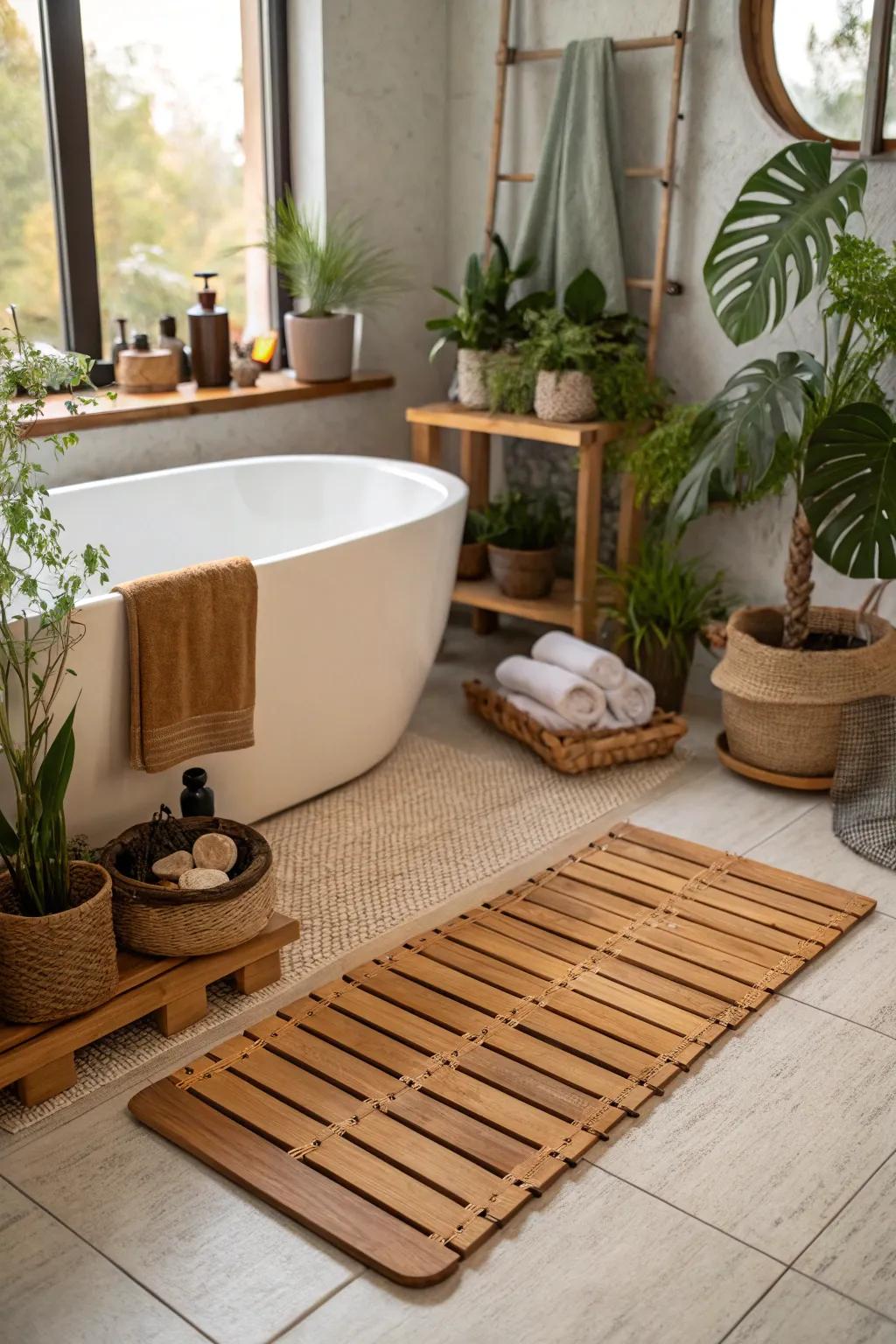 A wooden bath mat adds spa-like sophistication to the bathroom.