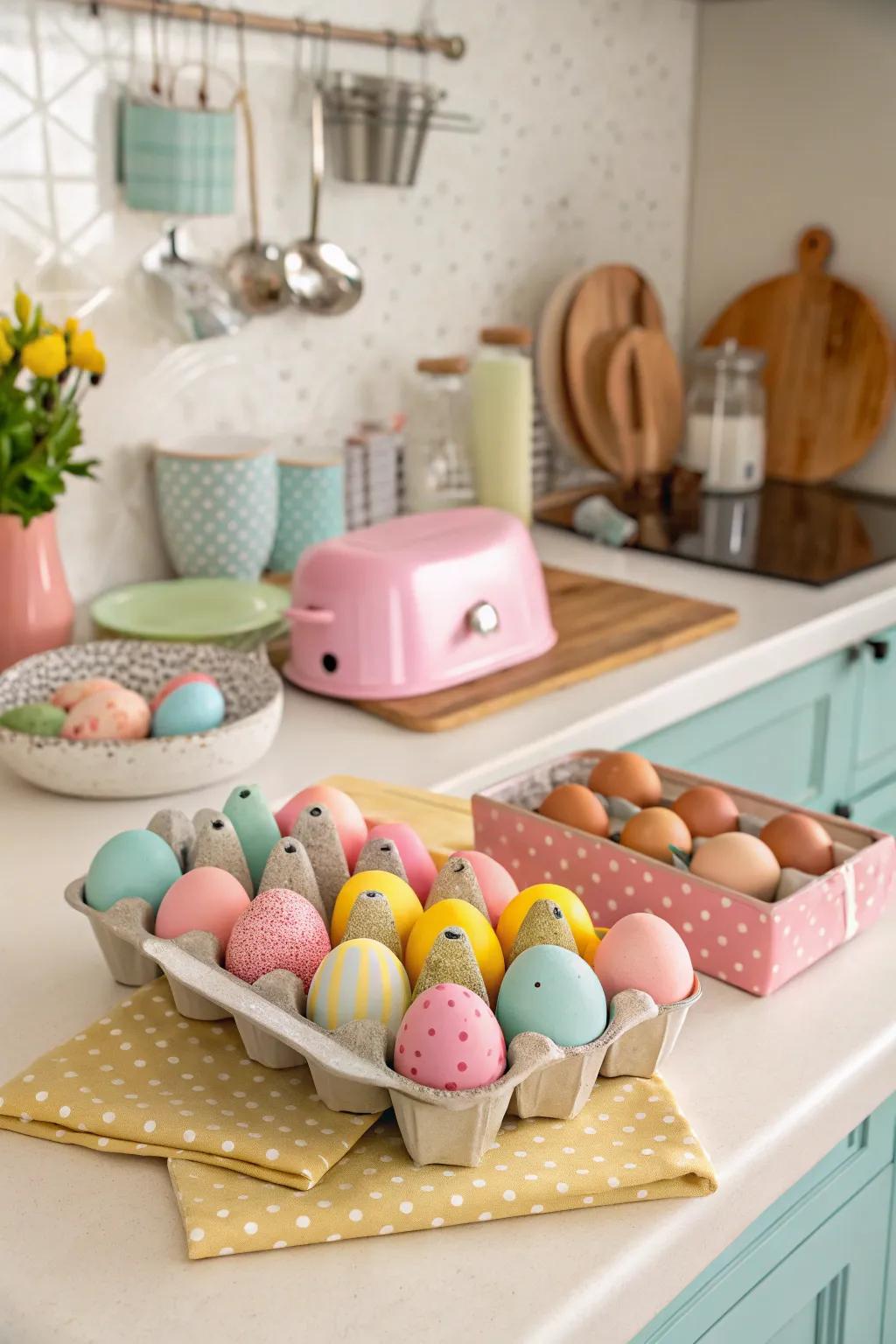 Ornamental ovum cartons make for a stylish and effortless centerpiece.