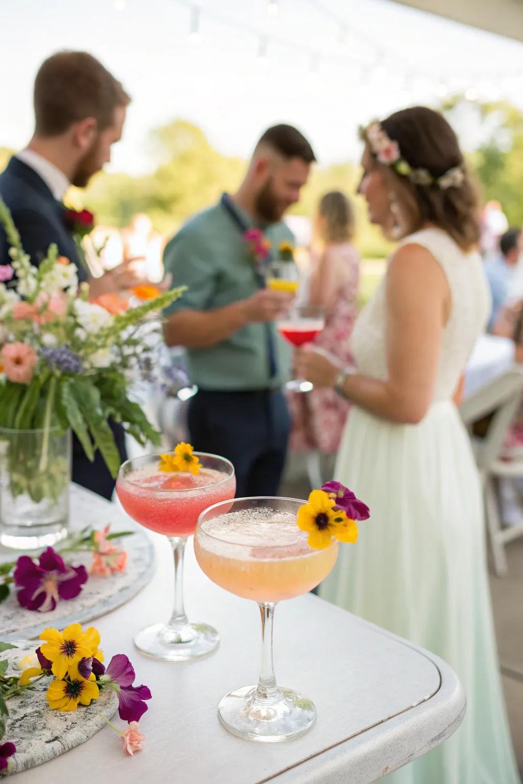 Spring mixed drinks with edible flower decorations at a wedding cocktail hour.