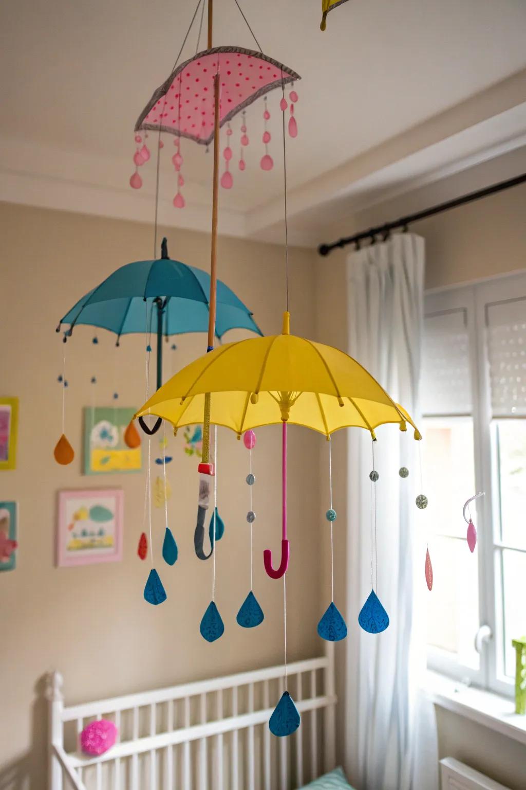 Umbrella and droplet suspension for playful adornment.