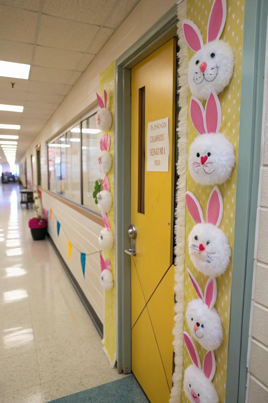 Fluffy friends charm their way onto this classroom entrance, adding a spirited spring touch.