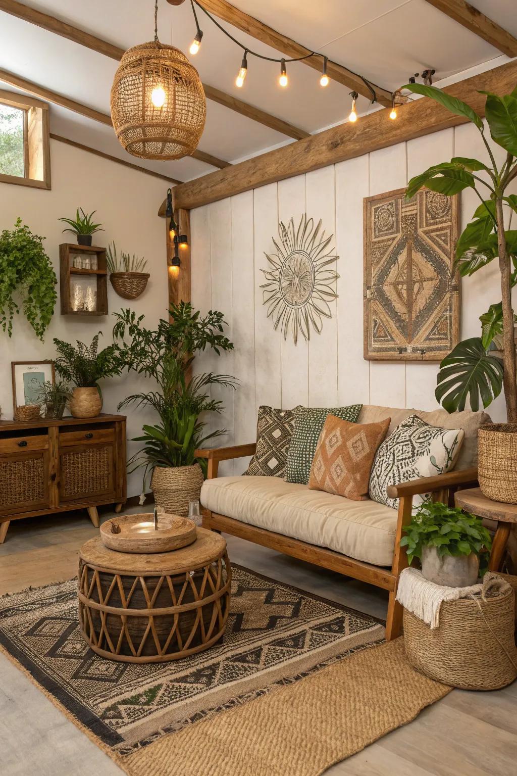 Nature-inspired accents bring calm to this eclectic space.