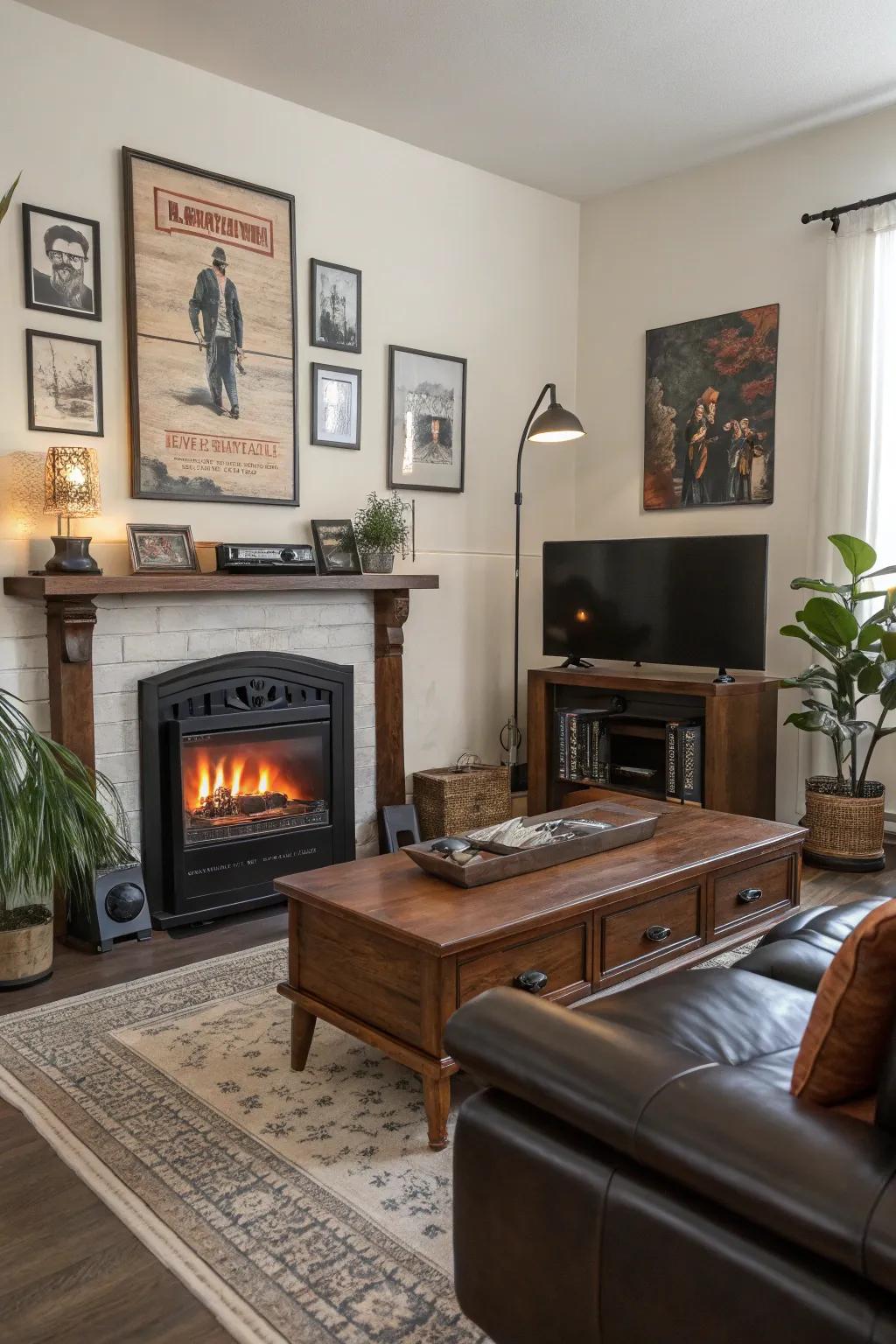 A living room blending vintage decor and a modern electric fireplace