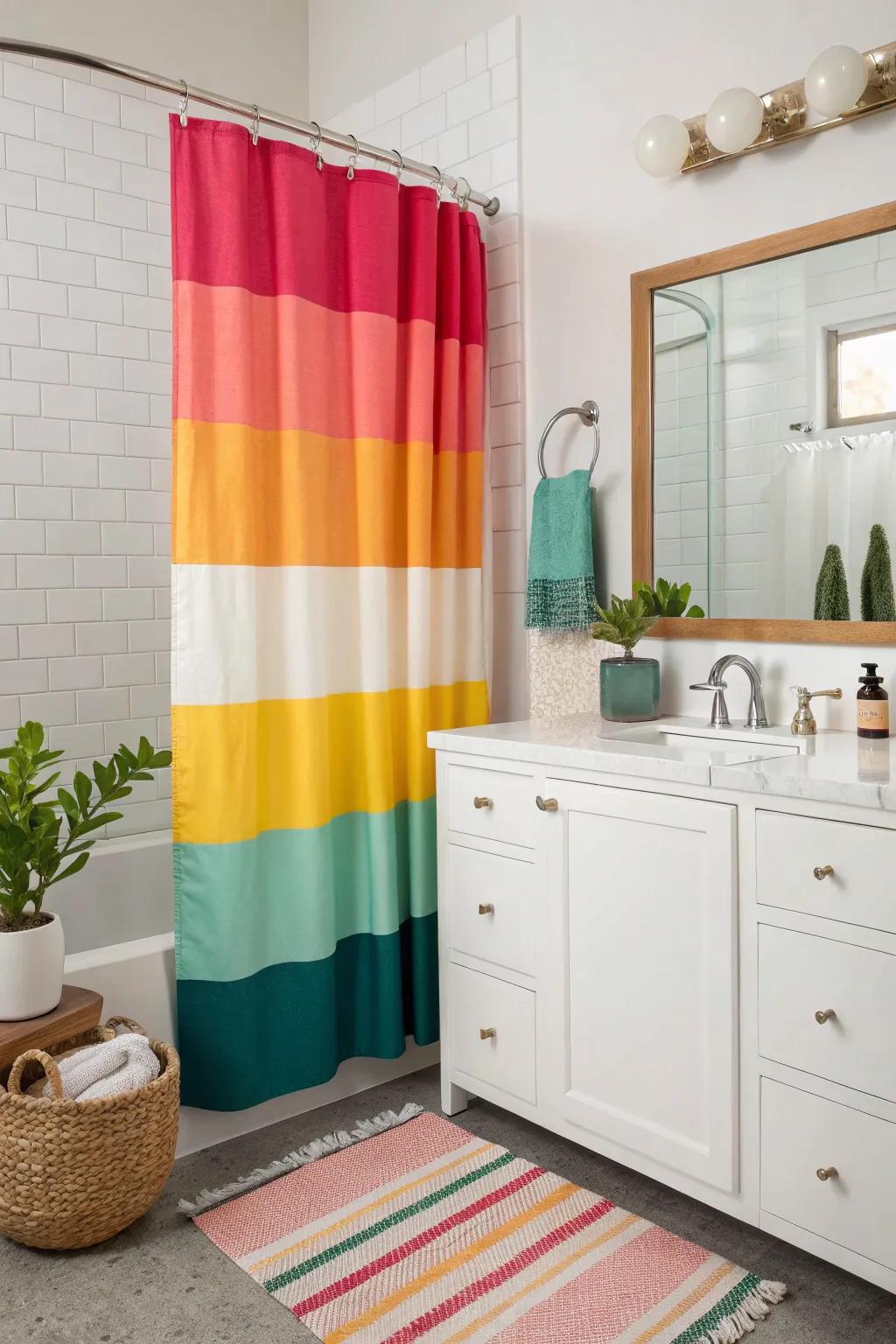 Color blocking creates visual interest and adds a vibrant touch to the bathroom.