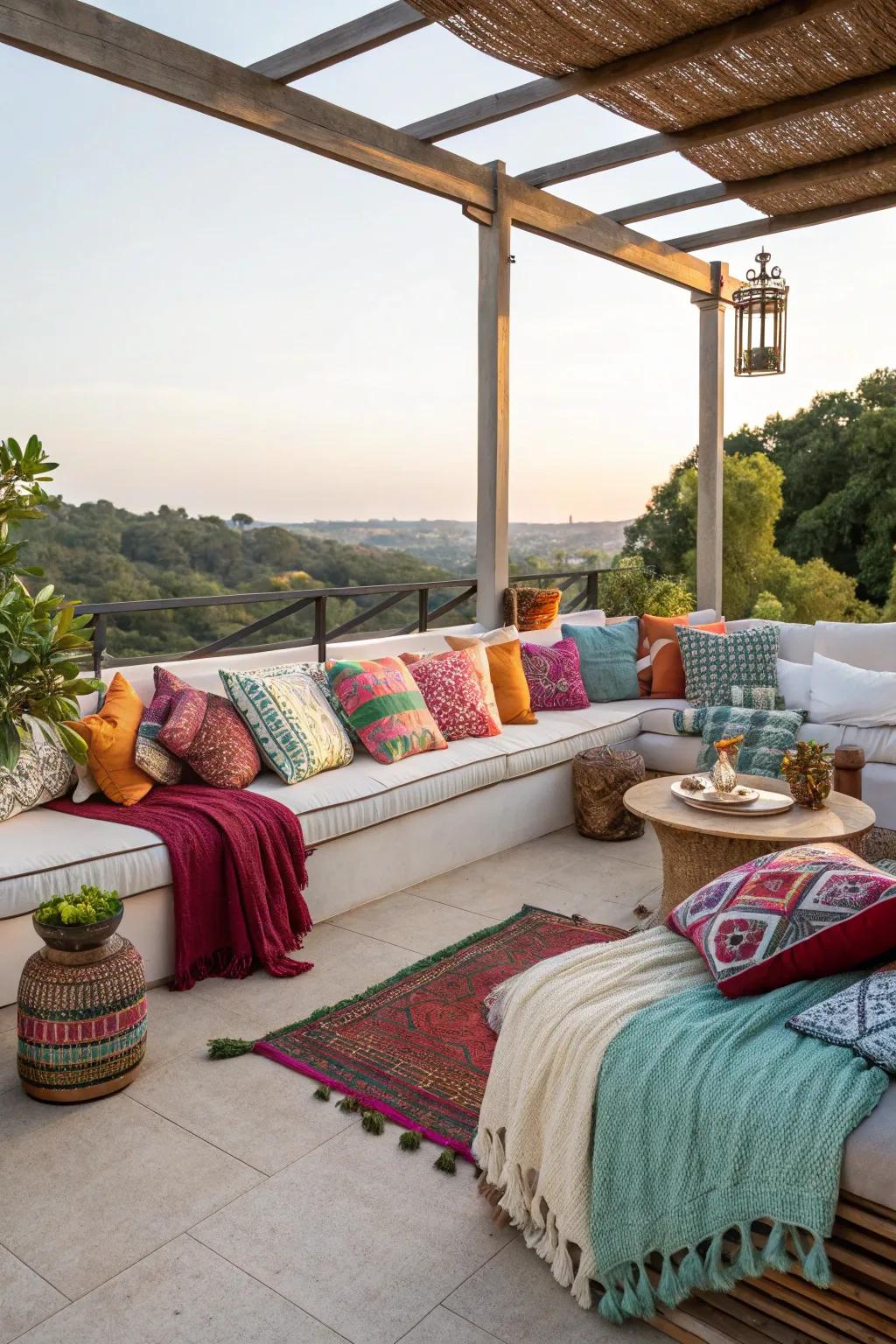 Colorful accents bring vibrancy and warmth to patio areas.