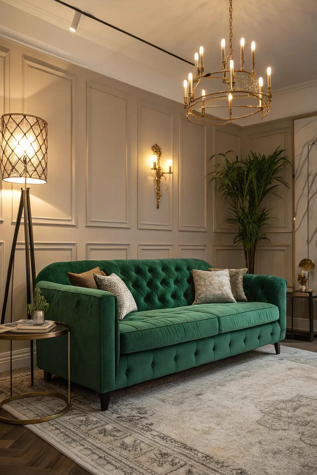 Creative lighting highlights the distinctive color of the emerald green sofa.