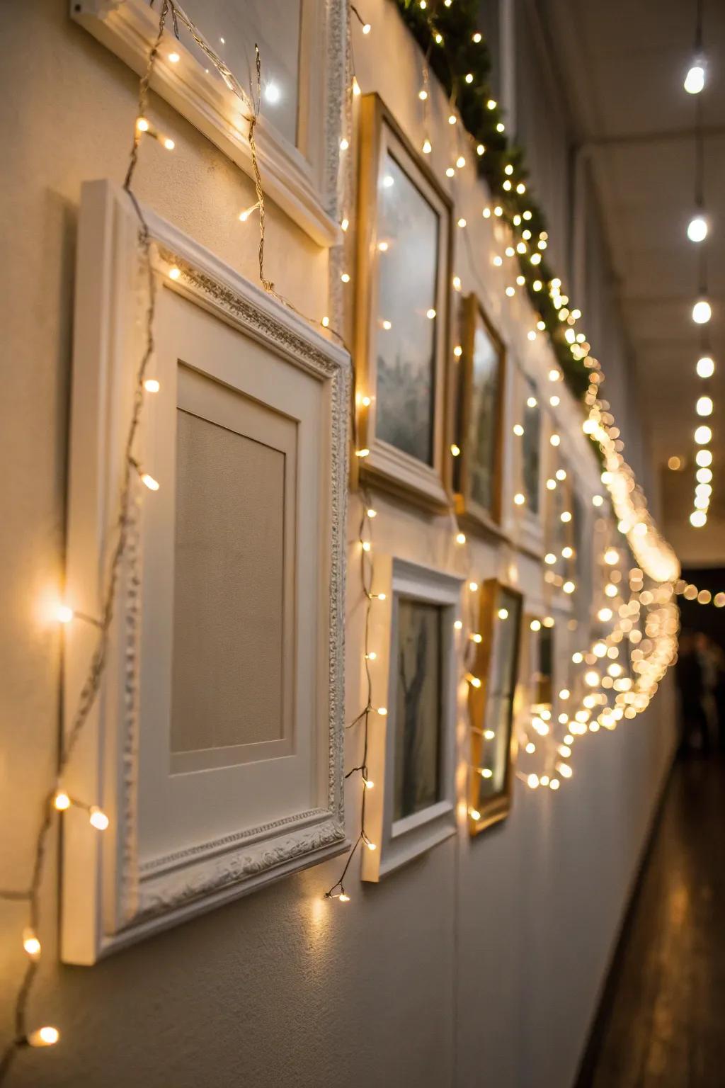 Illuminated frames with string lights for a warm glow.