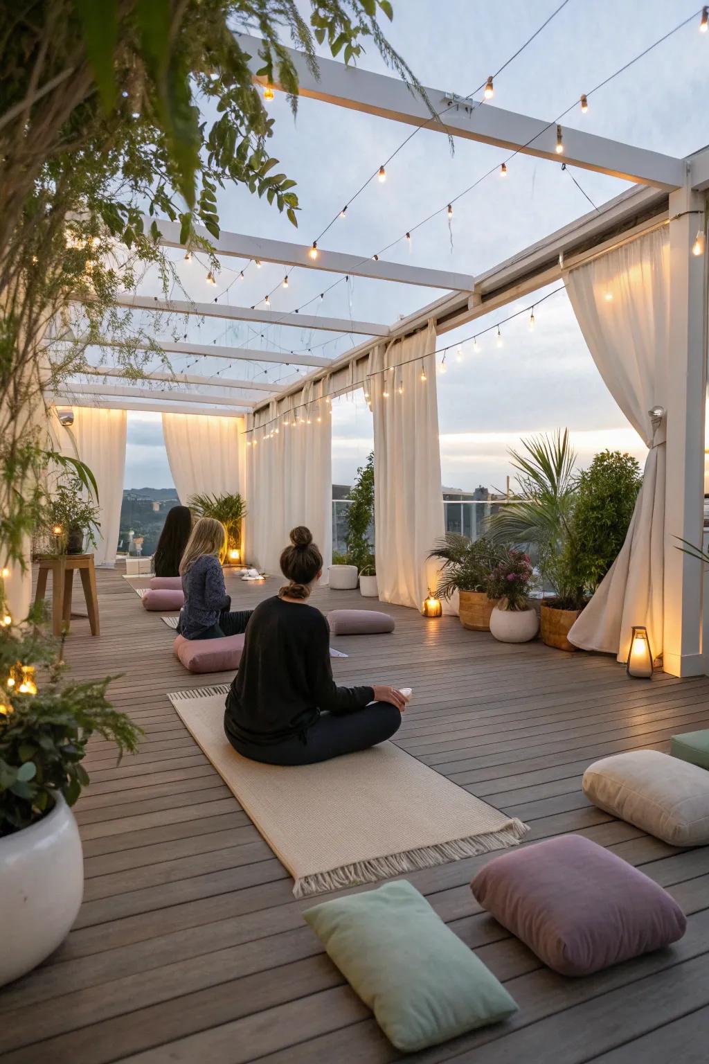 A tranquil wellness area on an enclosed deck.