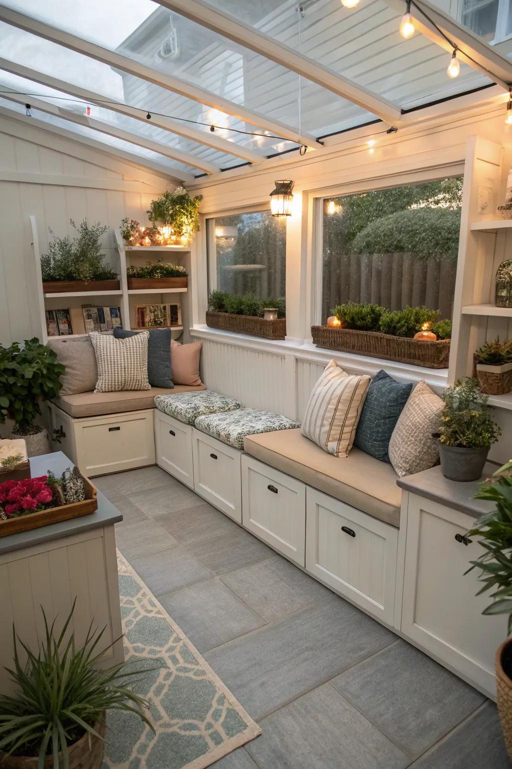 A neat and organized patio featuring integrated holding solutions.