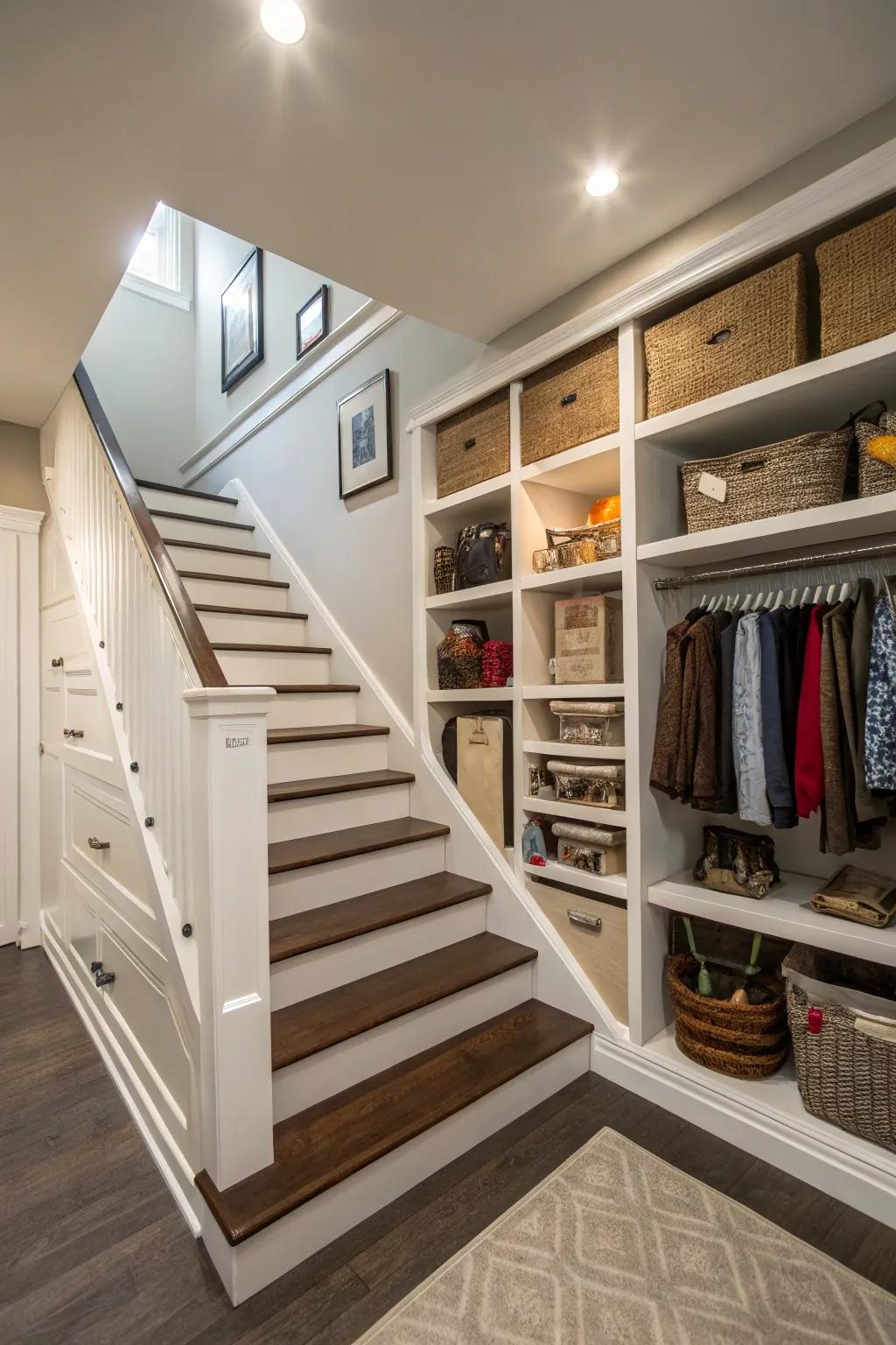 The functionality of stairwells is increased through intelligent storage strategies.