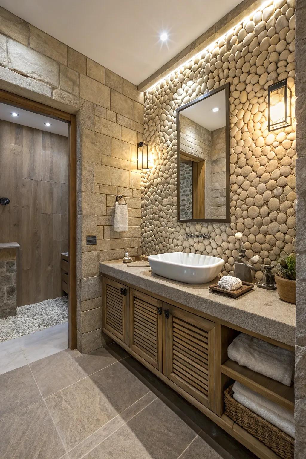 Textured paneling enhances the tactile experience of an ensuite.