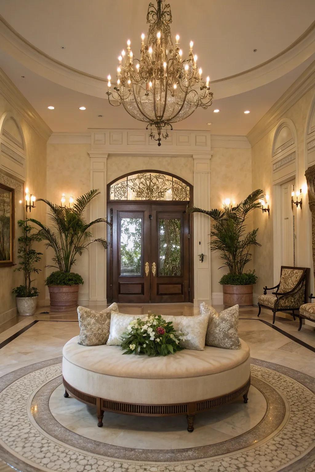 A circular bench performs as a striking centerpiece within this grand entryway.