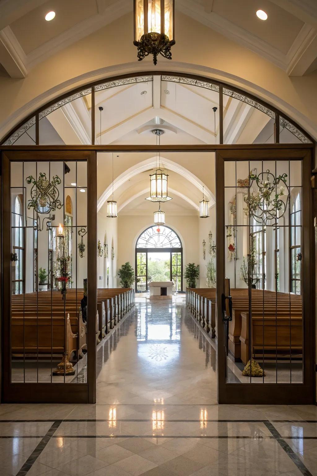 Glass features in the church foyer create an open atmosphere.